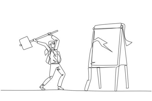 Single continuous line drawing businesswoman preparing to hit big flip chart with hammer. Rampage. Destroy business report that are not as desired. Anger exploded. One line design illustration vector