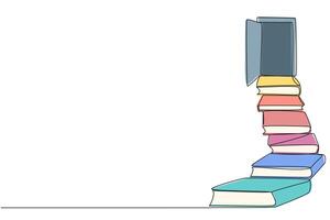 Single continuous line drawing stack the books used as steps. Reach for the open door at the end of the stairs. Symbol of achieving desires. Book festival concept. One line design illustration vector