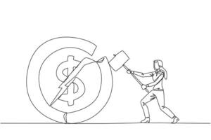 Single one line drawing businesswoman preparing to hit a large coin with dollar symbol. Failed to get new investor. Failed to get income. Expressing anger. Continuous line design graphic illustration vector