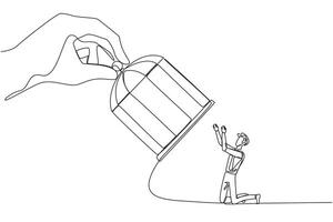 Single continuous line drawing big hand hold the cage catch kneeling businessman. Entrepreneurs who surrender to the situation. Take responsibility for all errors. One line design illustration vector