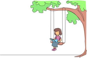 Continuous one line drawing girl sitting on swing under a shady tree reading a book. High enthusiasm for reading. Read anywhere. Reading increases insight. Single line draw design illustration vector