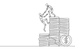 Continuous one line drawing robot helps colleague climb a pile of coins. Metaphor help achieve financial targets before entering retirement. Teamwork. Single line draw design illustration vector