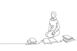 Single continuous line drawing Arabian woman reading the books happily. Good reading interest. Really enjoy reading story books. Reading everywhere. Book festival concept. One line illustration vector