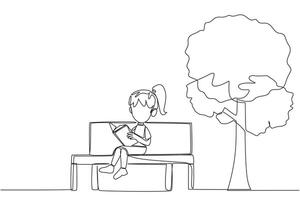 Single continuous line drawing girl sitting on school park bench reading book. Learn by re-reading textbook. Read to get maximum marks. Reading increase insight. One line design illustration vector