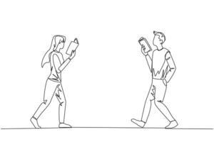 Single continuous line drawing man and woman walking face to face reading books. Gesture of memorizing something from a book. Addicted to reading. Book festival. One line design illustration vector