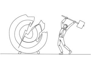 Continuous one line drawing businessman preparing to hit a big target arrow board. Rampage. Failed to focus, failed to get the promised reward. Madness. Single line draw design illustration vector