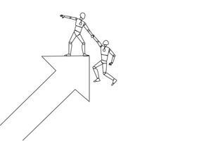 Single one line drawing robot helps colleague climb the big rising arrow symbol. Compact teamwork. Positive effect on company. Complete work correctly. Continuous line design graphic illustration vector