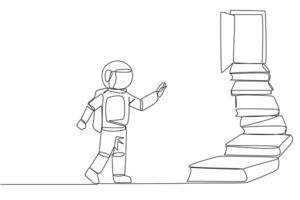 Single continuous line drawing astronaut climb stairs from the book stack. Towards the wide open door. Metaphor of finding the answers from books. Book festival. One line design illustration vector