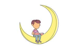 Single continuous line drawing boy sitting on crescent moon reading book. Metaphor of reading story before bed. Passionate about reading in any condition. Book festival. One line illustration vector