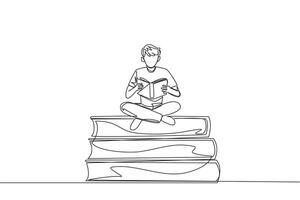 Single one line drawing man sitting cross-legged on pile of large books. Reading comic. Reading textbook. Read scientific journal. Reading increase insight. Continuous line design graphic illustration vector