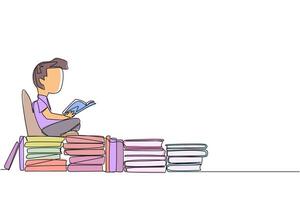 Single one line drawing boy sitting relaxed reading a book on pile of books. Relax while reading fiction books. Enjoy the storyline. Book festival concept. Continuous line design graphic illustration vector