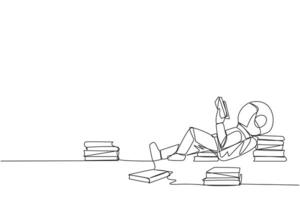 Continuous one line drawing astronaut lying down reading a book. Lots of books scattered around. Hobby reading. Space book festival concept. Cosmic galaxy. Single line draw design illustration vector