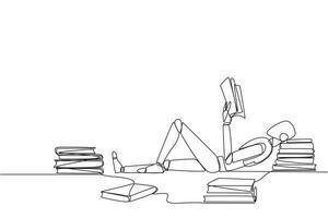 Single one line drawing smart robot lying down reading a book. Lots of books scattered around. Hobby reading. Technology book festival concept. Future AI. Continuous line design graphic illustration vector