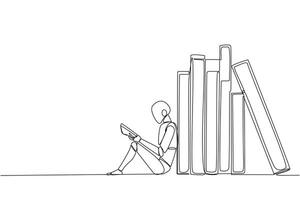 Single continuous line drawing robot reading sitting leaning against pile of books. Habit of reading book every day. Library. Good habit. Book festival concept. One line design illustration vector