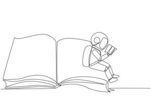 Single continuous line drawing young astronaut sitting on the edge of a large open book. Study before exam time arrives. Read textbooks with focus. Reading is fun. One line design illustration vector