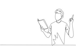 Continuous one line drawing man standing reading book. Gesture gets the idea. Books can see from different points of view. Brilliant idea from reading book. Single line draw design illustration vector