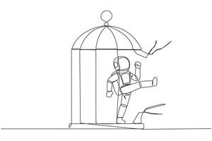 Single one line drawing astronaut trapped in the cage kick the caged until wrecked. Freedom of expression for the smooth running of business. Distractions. Continuous line design graphic illustration vector