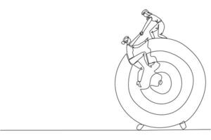 soltero uno línea dibujo mujer de negocios ayuda colega escalada flecha tablero objetivo. metáforas ayuda atención en completando Tareas uno a tiempo. éxito juntos. continuo línea diseño gráfico ilustración vector