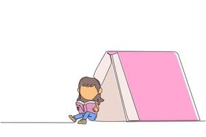 Continuous one line drawing girl sitting in front of a large tent-shaped book. Reading the adventure fiction books in the wild. Addicted to reading. Book fest. Single line design illustration vector