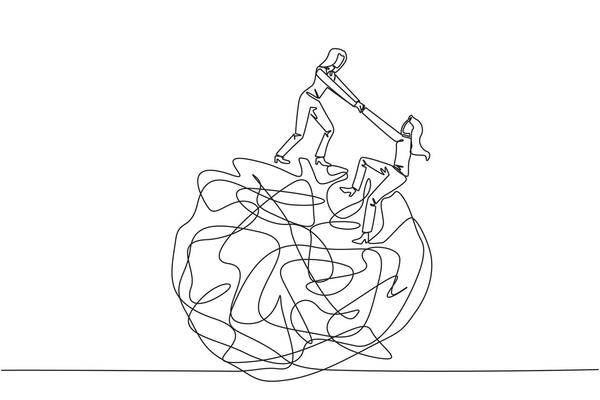 Continuous one line drawing businesswoman helps colleague climb big heavy messy circle. Teamwork eliminates anxiety. Eliminate stress to focus on business. Single line draw design illustration