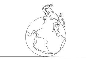 Single one line drawing businessman helps colleague climb the big globe. The metaphor of reaching top of the world through increasing business. Teamwork. Continuous line design graphic illustration vector