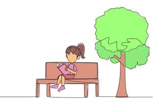 Single continuous line drawing girl sitting on school park bench reading book. Learn by re-reading textbook. Read to get maximum marks. Reading increase insight. One line design illustration vector