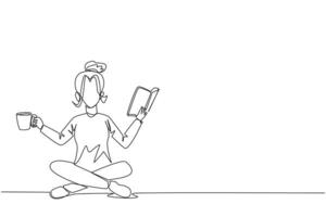 Single continuous line drawing clever woman sitting cross-legged reading book. Accompanied by mug of coffee to make reading more interesting. Knowledge. Calmness. One line design illustration vector