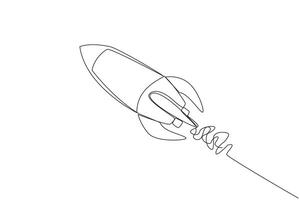 Single continuous line drawing flying rocket. A rocket that has taken off from the earth. Preparing to land on the moon. Space expedition aircraft. Cosmic galaxy. One line design illustration vector