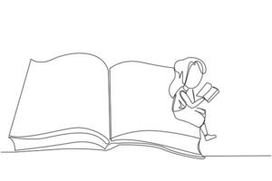 Single continuous line drawing serious girl sitting on the edge of a large open book. Study before exam time arrives. Read textbooks with focus. Reading is fun. One line design illustration vector