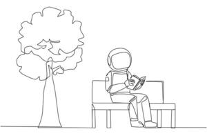 Single one line drawing astronaut sitting on park bench reading book. Learn by re-reading textbook. Read to get maximum marks. Reading increase insight. Continuous line design graphic illustration vector