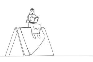 Single one line drawing Arabian man sitting on large tent-shaped book. Reading the adventure fiction books in the wild. Addicted to reading. Book festival concept. Continuous line graphic illustration vector