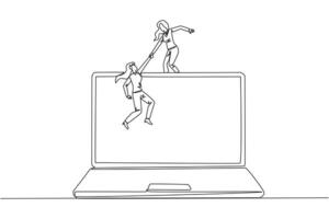Continuous one line drawing businesswoman helping colleague to climb a laptop computer. Help create applications to develop business online. Great teamwork. Single line draw design illustration vector