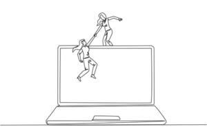 Continuous one line drawing businesswoman helping colleague to climb a laptop computer. Help create applications to develop business online. Great teamwork. Single line draw design illustration vector