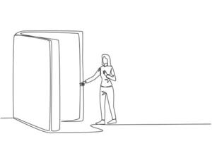 Single continuous line drawing woman open the book-shaped door. Books can open mind and see everywhere. Increase knowledge about the wider world. Book festival. One line design illustration vector