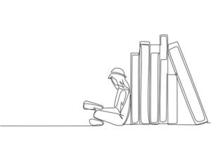 Single continuous line drawing Arabian man reading sitting leaning against a pile of books. Habit of reading books every day. Library. Good habit. Book festival concept. One line illustration vector