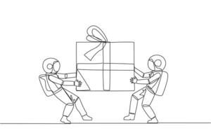 Single continuous line drawing two professional astronaut fighting over the gift box. Cosmonauts against environmental pollution fight for the main prize. Rival. One line design illustration vector