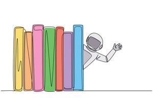 Continuous one line drawing astronaut appears from behind a row of books. Invitation to read books at library. Like to reading book. Book festival concept. Single line draw design illustration vector