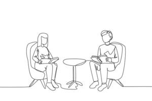 Single one line drawing man woman sitting reading on sofa. Reading focus in living room. Fun hobby. Relieve fatigue from daily activities. Book festival concept. Continuous line graphic illustration vector