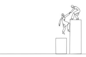 Single continuous line drawing Arabian businesswoman helps colleague climb bar graph. Helps to climb to higher ground. Move forward and success together. Teamwork. One line design illustration vector