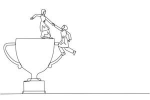 Single one line drawing Arabian businesswoman helps colleague climb big trophy. Achievement that cannot be achieved without great teamwork. Smart teamwork. Continuous line design graphic illustration vector
