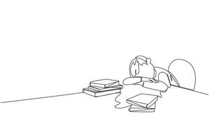 Continuous one line drawing man asleep at the table where there were piles of books. Tired after successfully finish the favorite reading book. Love read. Single line draw design illustration vector