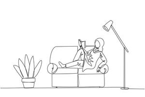 Single one line drawing Arab woman sitting stretched out on sofa reading book. Really like content of the book reading on each page. Impressive. Love read. Continuous line design graphic illustration vector