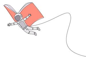 Single continuous line drawing young astronaut flying with wings that come from open big book. The metaphor carried away with the storyline. Constructive fantasy. One line design illustration vector