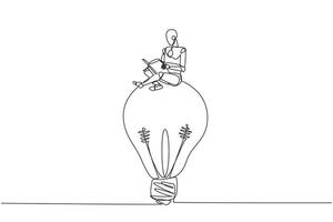 Single continuous line drawing robot sitting on big lightbulb. Read with focus and serious. Metaphor looking for brilliant idea from scientific book. Book festival. One line design illustration vector