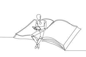 Single continuous line drawing smart robot sitting reading on large flying book. Relax reading like on a carpet flying into the sky. Future technology development. One line design illustration vector