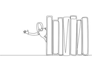 Single one line drawing a woman appears from behind a row of books. Invitation to read books at the library. Like to reading a book. Book festival concept. Continuous line design graphic illustration vector