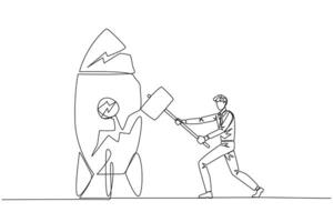 Continuous one line drawing businessman preparing to hit a standing rocket. Rampage. Not ready to accept new technology. Not ready for competition. Lost. Single line draw design illustration vector