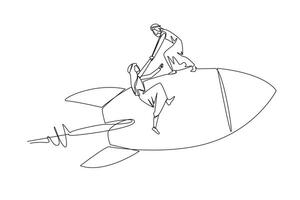 Continuous one line drawing Arabian businessman helps colleague climb flying rocket. Metaphor help in managing company branches. Skyrocketed like the previous business. Single line illustration vector