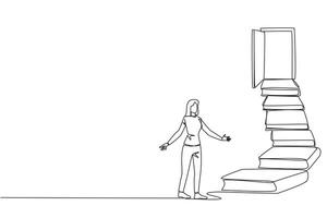 Single one line drawing woman climb the stairs from the book stack. Towards the wide open door. Metaphor of finding the answers from books. Book festival. Continuous line design graphic illustration vector