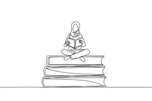 Single one line drawing Arab woman sitting cross-legged on pile of large books. Read comic. Read textbook. Read scientific journal. Read increase insight. Continuous line design graphic illustration vector